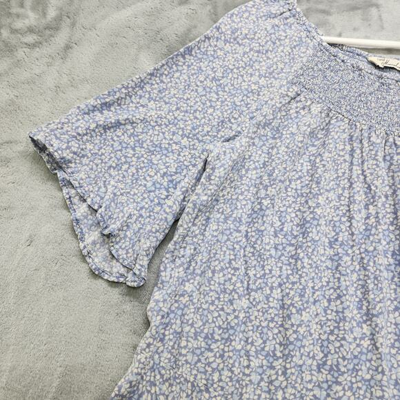 Caffe Marrakesh Top Womens L Blue Floral Shirred Ruffled Short Sleeve Rayon - Picture 3 of 10